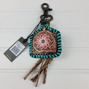 Myra Bag Hand Tooled Flower Painted Leather Key Chain Fob